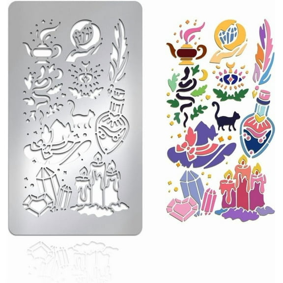 Metal Stencils for Craft Wood Burning Magic Theme Stencils Stainless Steel Reusable Templates Hat Cat Painting Stencil for Journaling Drawing Airbrush Carving Engraving Scrapbooking