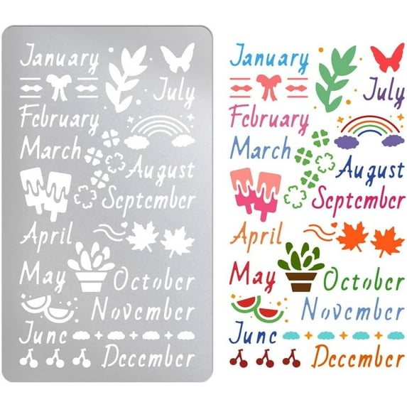 Metal Stencils for Craft Wood Burning Month Stencils Stainless Steel Reusable Template Words Stencil for Notebook Diary DIY Journaling Drawing Airbrush Carving Engraving Scrapbooking Gray