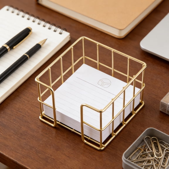Metal Sticky Note Holder,Desktop Wrought Iron Openwork Sticky Notes Grid Organizer – Note Pad Holder for Memo Pads, Paper Clips & Small Supplies, Gold, 9.5x9.5x8cm