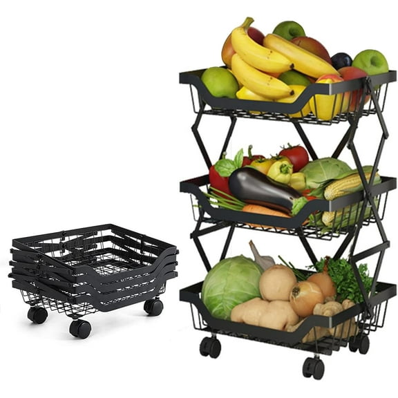 Metal Storage Basket Rack with Wheels No Assembly 3 Tier Foldable Fruits Vegetable Baskets Organizer Cart Storage Bins Shelf for Kitchen Pantry,Market, Garage