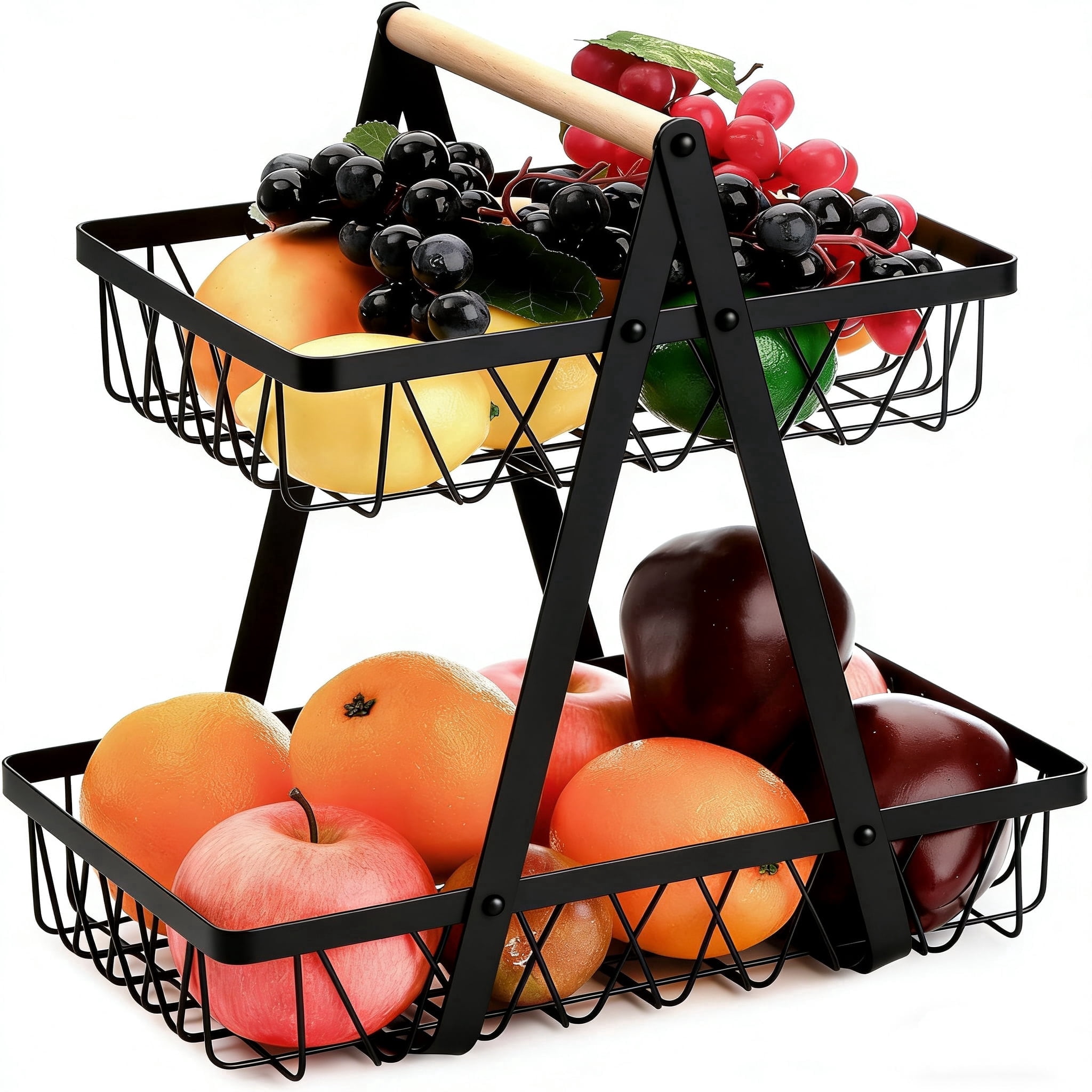 Metal Storage Basket with Handles, 2 Tier Wire Fruit Snack Organizer Bin for Office Cournertop, Rustic Black Basket for Storage