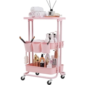 Metal Storage Baskets with Wheels, Metal Wire Market Basket Storage Organizer Cart Rolling Stackable Storage Bins for Kitchen,Pantry,Bedroom (Pink, 3 Tier-3700)