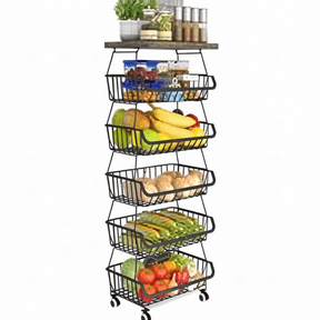 Metal Storage Baskets with Wheels, Wire Market Basket Organizer Cart, Rolling Stackable Storage Bins for Kitchen, Pantry, Bedroom, Black with Tabletop, 6 Tier