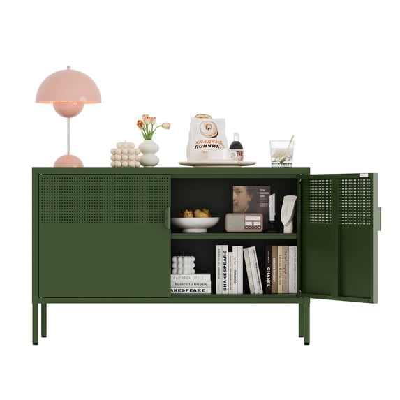 Metal Storage Cabinet,2 Door TV Stand, Metal Mesh Accent Cabinet,Magnetic Door Closure,Low Storage Cabinets with Doors and Shelf for Home,Office,Living Room