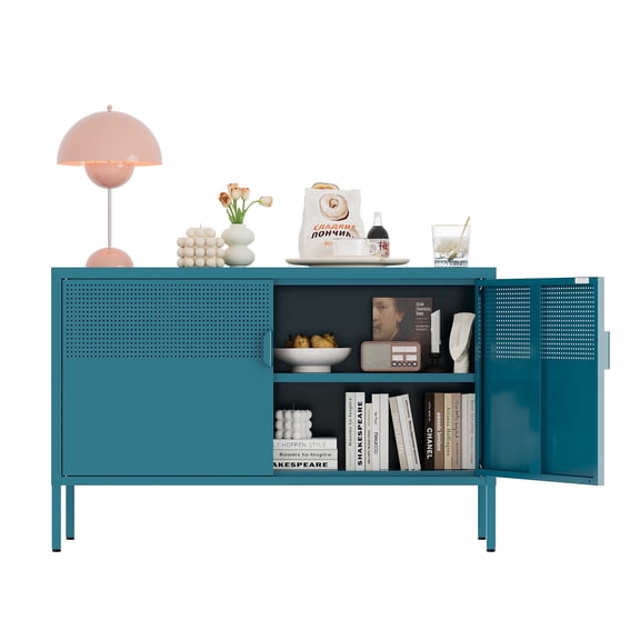 Metal Storage Cabinet,2 Door TV Stand, Metal Mesh Accent Cabinet,Magnetic Door Closure,Low Storage Cabinets with Doors and Shelf for Home,Office,Living Room