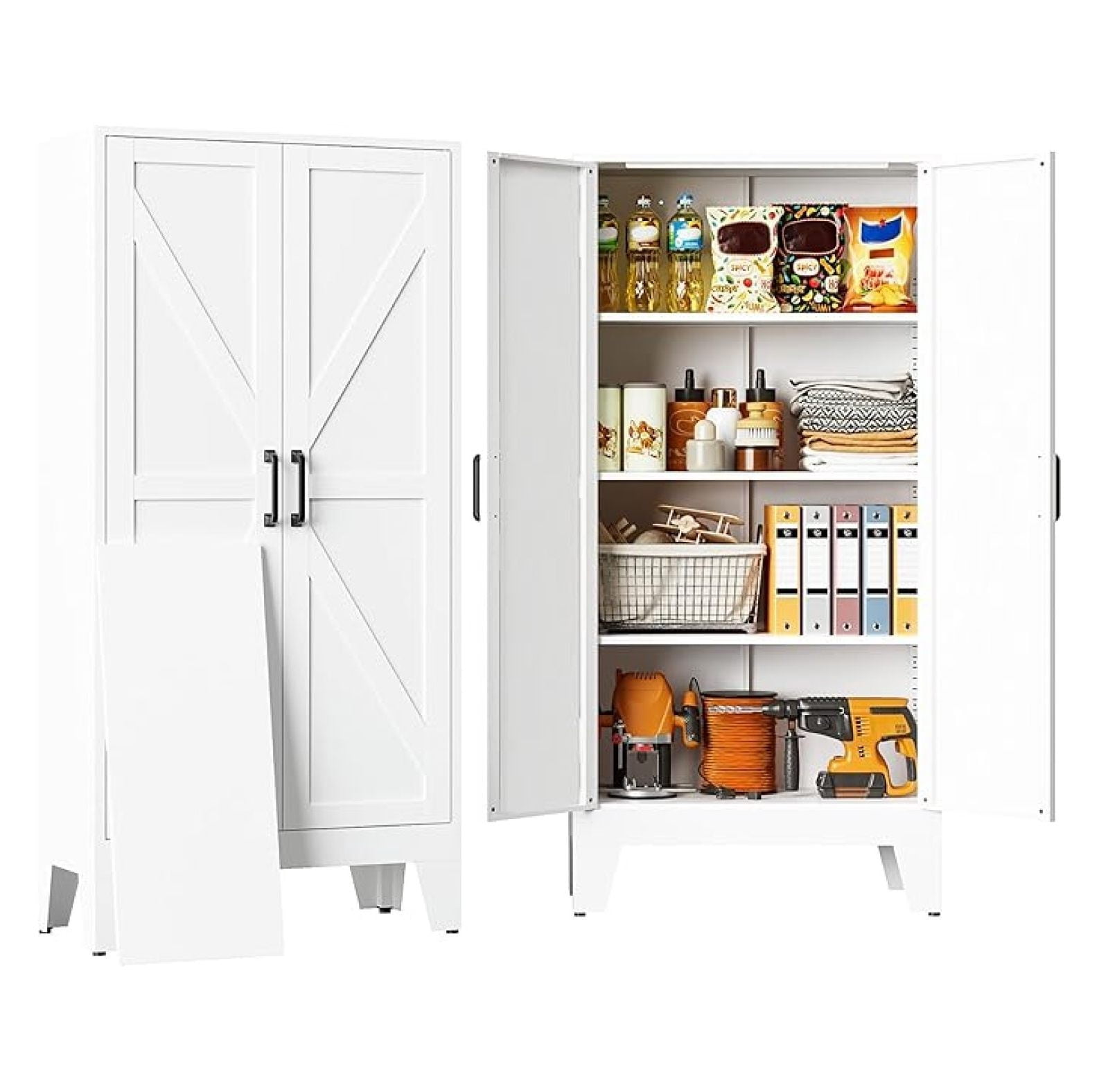 Metal Storage Cabinet with 2 Doors and 3 Shelves,White Pantry Storage Cabinet with Legs,Farmhouse Pantry Cabinets Cupboard,Bathroom Cabinets for Home,Kitchen,Dining/Living Room (47.3" H)