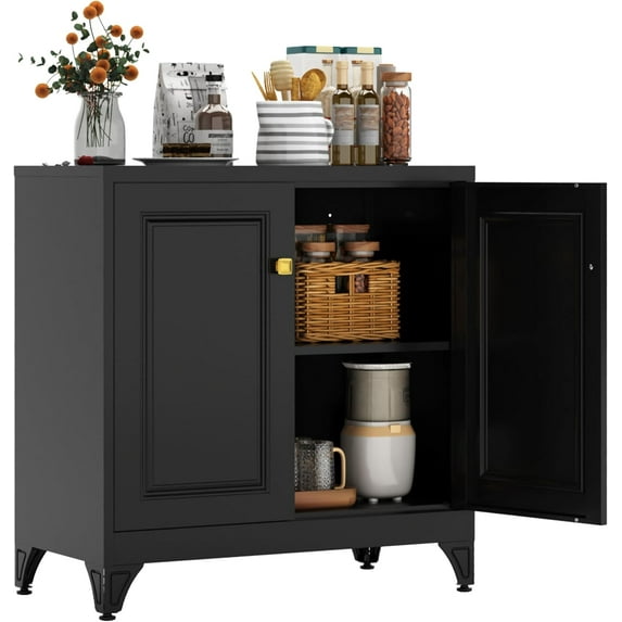 Buffet Cabinet with Storage, 33" H Metal Sideboard Cabinet 2 Doors, Black Kitchen Pantry with Adjustable Shelf, Coffee Bar Cabinets, Small Sideboard Storage for Kitchen, Living Room, Office