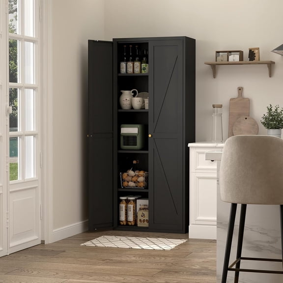 Metal Storage Cabinet with 2 Doors and 4 Adjustable Shelves, 71" H Tall Storage Cabinet, 5-Tier Steel Locker for Kitchen, Pantry Cabinet1 with Counter, Tall Cupboard for Kitchen, Black