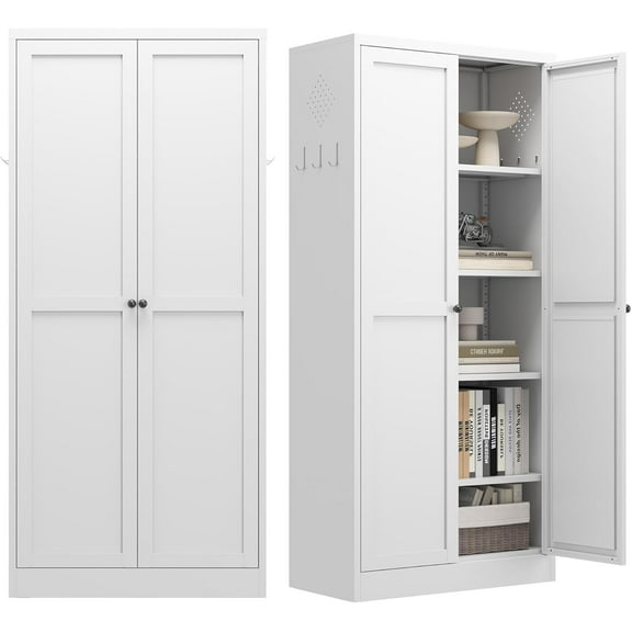 Metal Storage Cabinet with 2 Doors & 4 Adjustable Shelves &Hooks, 61Tall Tool Locker, Steel Garage Cabinets, Utility Kitchen Cupboard for Home, Living Room,Pantry, White, Assemble Required