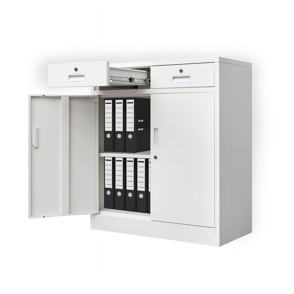 Metal Storage Cabinet with 2 drawers. Lockable Steel Storage Cabinet with Doors and Shelve, 37”H Office Cabinet for Home, Garage, Warehouse with large storage space. (White)