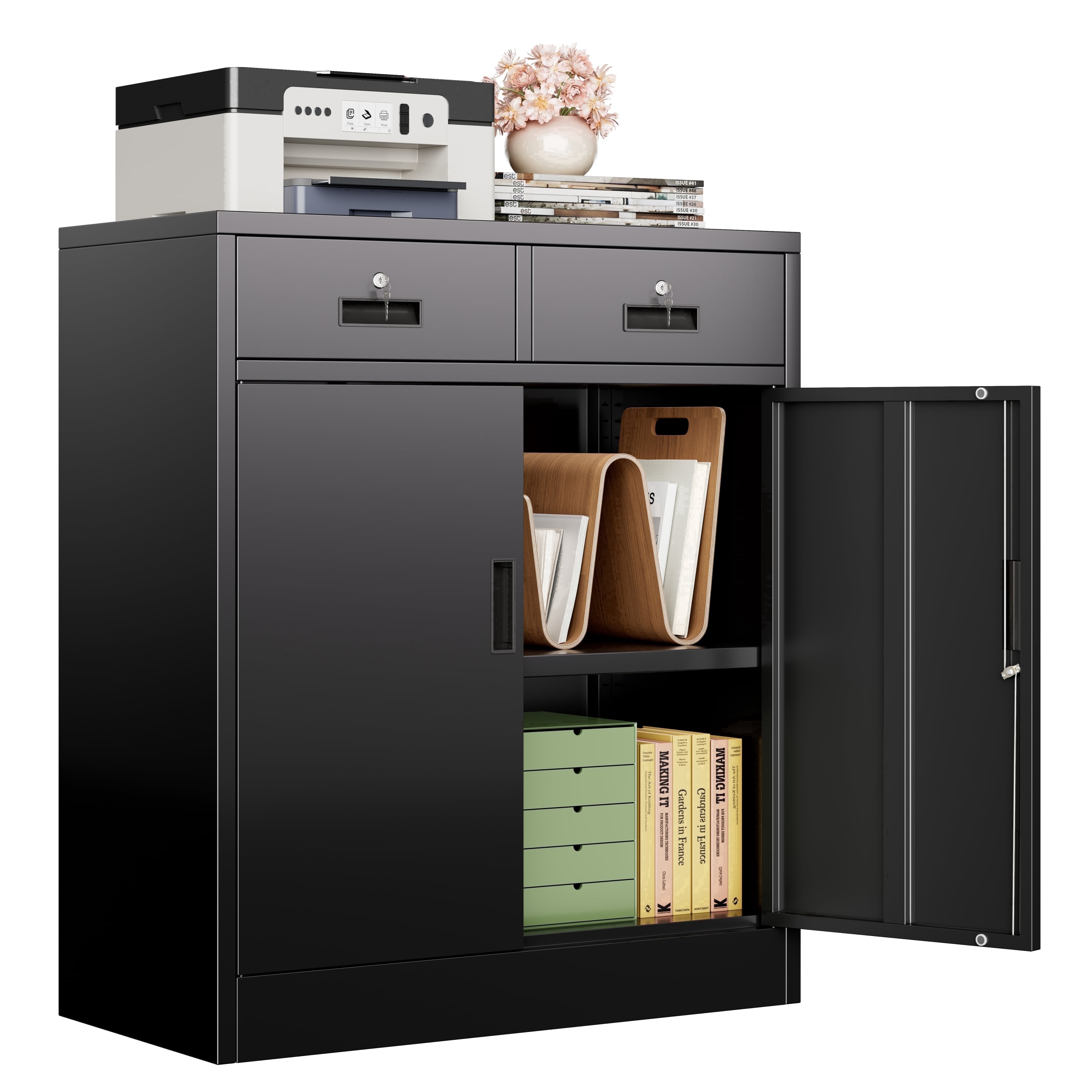 Metal Storage Cabinet with 2 drawers. Lockable Steel Storage Cabinet with Doors and Shelve, 37”H Office Cabinet for Home, Garage, Warehouse with large storage space. (Black)