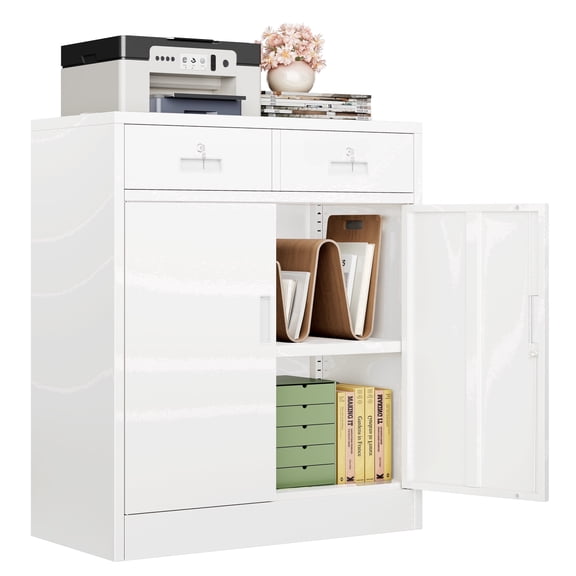 CJF Lockable Steel Storage Cabinet with 2 Drawers and Shelves, Metal Office Cabinet ,White