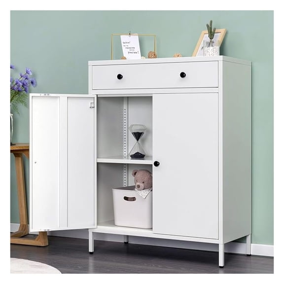 Metal Storage Cabinet 35" H,Metal Cabinet with Drawer and Adjustable Shelf for Home Office, Garage,Classroom, Apartment, Warehouse, Utility Room White