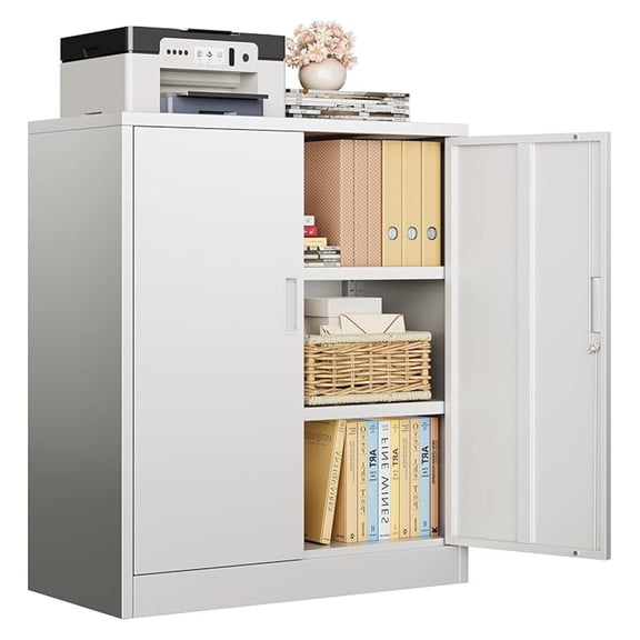 Metal Storage Cabinet, 36" H Locking Storage Cabinet with Shelves and Doors for Home Office, Garage, Utility Room, Entryway(White)