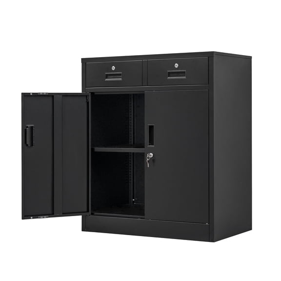 Metal Storage Cabinet, 36" H Locking Storage Cabinet with Two Drawers and Adjustable Shelf, Metal Cabinets for Office, Garage, Home-Black
