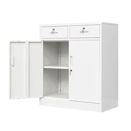 Metal Storage Cabinet, 36" H Locking Storage Cabinet with 2 Drawers and Adjustable Shelf, Metal Cabinets for Office, Garage, Home-White
