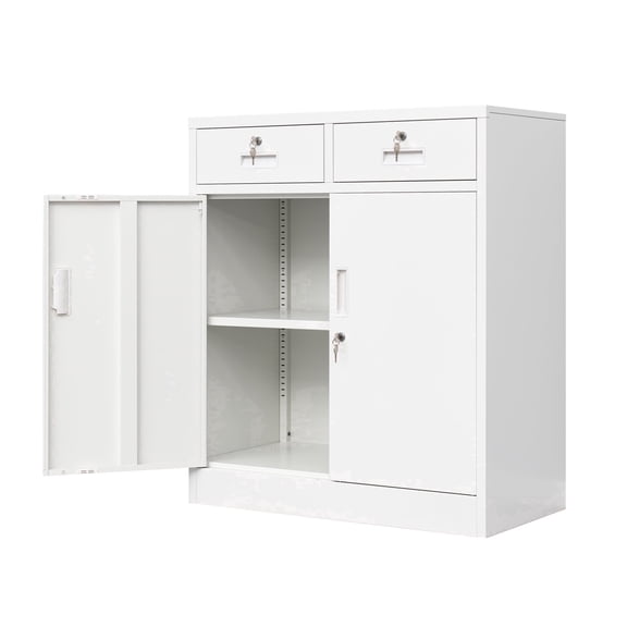 Metal Storage Cabinet, 36" H Locking Storage Cabinet with Two Drawers and Adjustable Shelf, Metal Cabinets for Office, Garage, Home-White