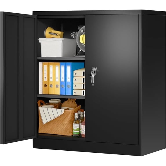 Metal Storage Cabinet, 42 In Tall Steel Garage Cabinet with 2 Adjustable Shelves and Locking Doors for Office, Home, Garage, Warehouse (Black)