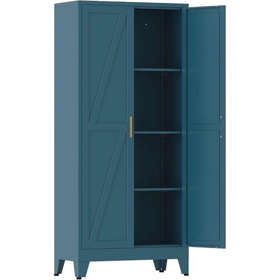 Metal Storage Cabinet, 61 in Tall Metal Cabinet with 3 Adjustable Shelves and Barn Doors, Farmhouse Cupboard Storage for Kitchen Pantry Garage, 4-Tier Peacock Blue
