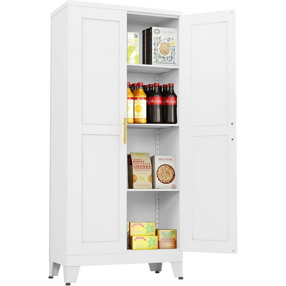 Metal Storage Cabinet - 61" Tall Steel File Cabinets with 2 Doors and 3 Adjustable Shelves Versatile Storage Pantry Cabinet for Home Office Warehouse Garage or Outdoor (White)