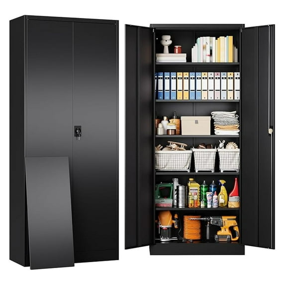 Metal Storage Cabinet 71", 2 Door Lockable Garage Cabinet, Black Steel Organizer with 6 Adjustable Shelves for Home, Office, Workshop
