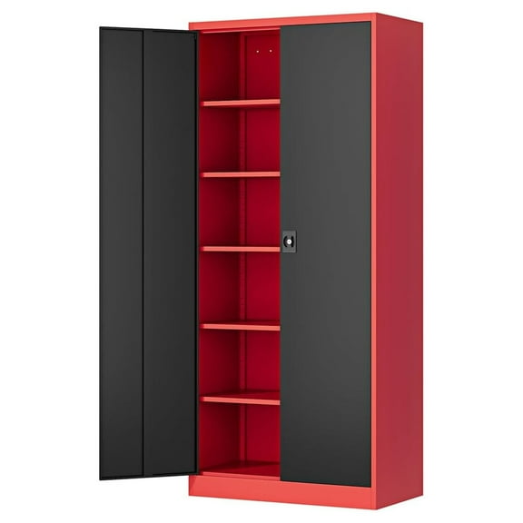 Metal Storage Cabinet-71 Tall Steel File Cabinets with Lockable Doors and Adjustable Shelves-Black&Red Steel Storage Cabinet for Home,Kitchen, School, Office, Garage