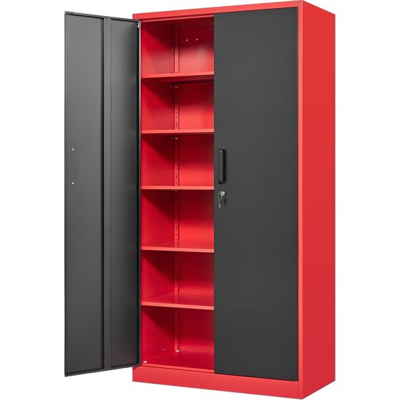 Metal Storage Cabinet-71" Tall Steel File Cabinets with Lockable Doors and Adjustable Shelves-Black&Red Steel Storage Cabinet for , School, Office, Garage