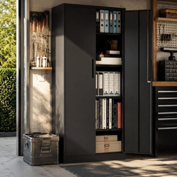 Metal Storage Cabinet, 72 Inch, Powder-Coated Steel, 4 Adjustable Shelves, 3-Point Lock, for Garage, Workshop, Office
