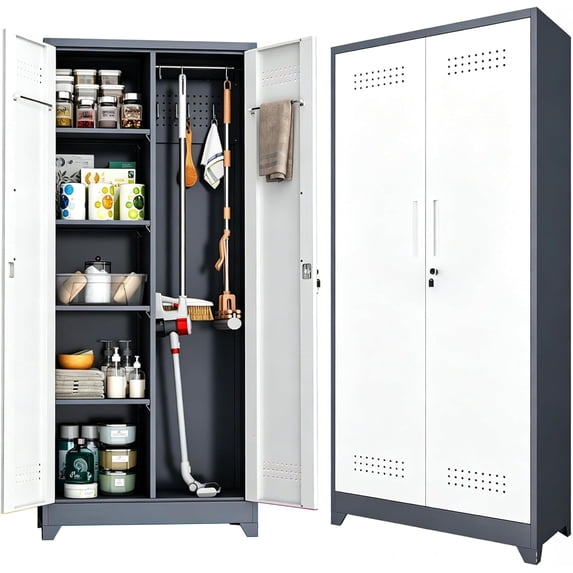 Metal Storage Cabinet 72" Tall, Garage Storage Cabinet with Lockable Doors & Shelves, Utility Broom Closet, Steel Tool Cabinet for Garage, Laundry Room, Home Office, Grey/White