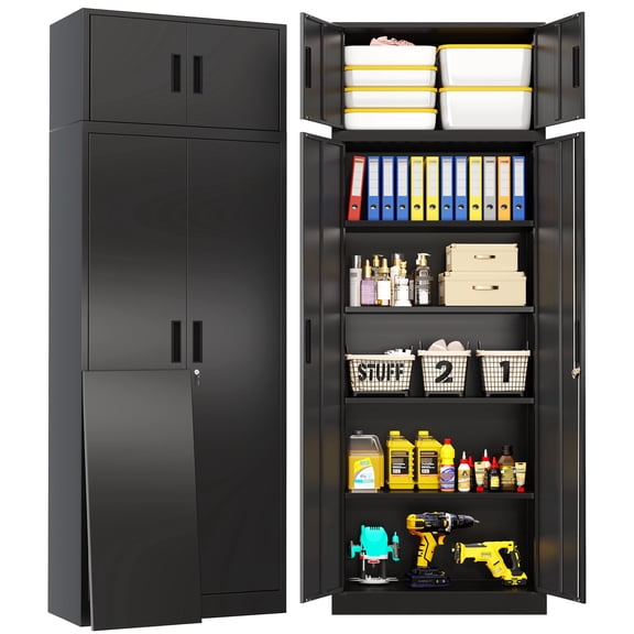 87" Tall Metal Garage Storage Cabinet with Locking Doors, Free Standing, Black