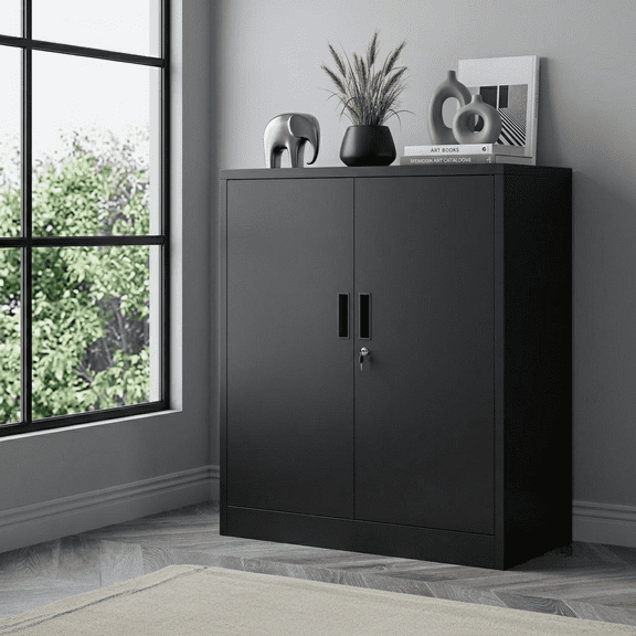 Metal Storage Cabinet with Doors and Lock, 36" H Steel Tool Cabinet with 2 Adjustable Shelves, Small Locking Accent Cabinet Sideboard for Office, Home, Garage, Black