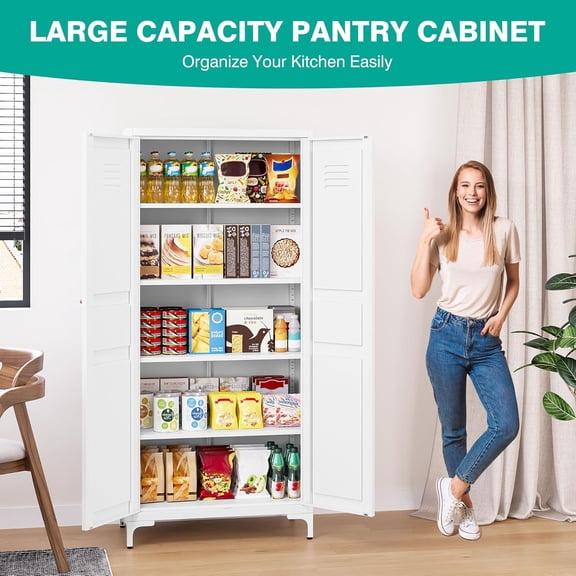Metal Storage Cabinet with Doors and Shelves, White Storage Cabinet with Leg & Vent Hole, Food Pantry Cabinets, 5 Tier Metal Pantry, Tall Large Cupboard for Home, Kitchen, Dining/Living/Laundry Room
