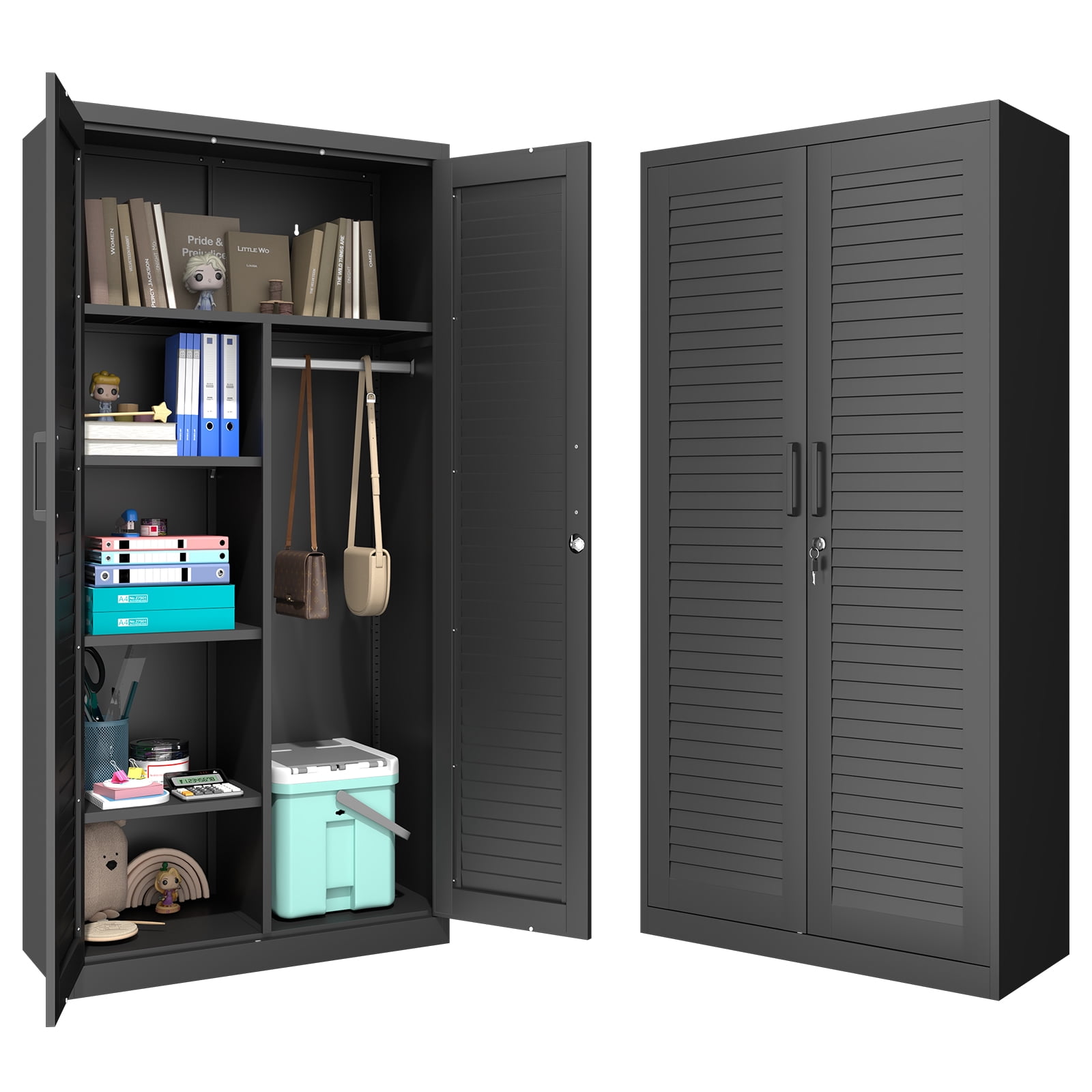 Metal Storage Cabinet with Hanging Rod, Black Broom Closet Storage Cabinet with Lock, Tall Wardrobe Cabinets with Doors and Shelves, Locking Steel Tool Cabinets for Home, Office, Garage