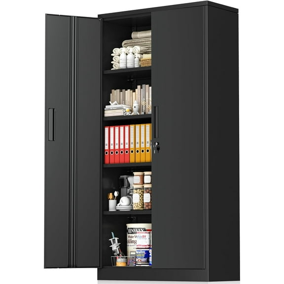 Metal Storage Cabinet with Lock, 72 Black Garage Storage Cabinet with Doors and Shelves, Tall Lockable File & Tool Cabinet for Home Office, Metal Classroom Cabinet Basement