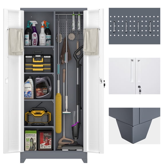 Metal Storage Cabinet with Lock,72" Garage Storage Cabinets with Hanging Rod & S-Hooks,Large Storage Cabinet with Shelves,Locking Tool Utility Closet for Home,Garage,Utility Room,Grey White