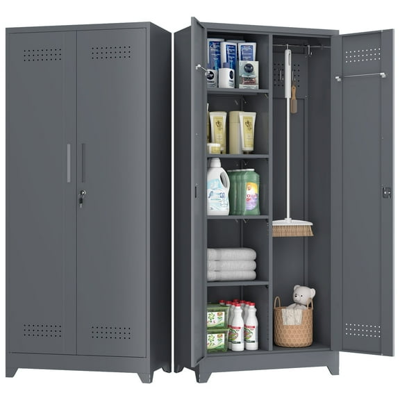 Metal Storage Cabinet with Lock,72" Garage Storage Cabinets with Hanging Rod & S-Hooks,Large Storage Cabinet with Shelves,Locking Tool Utility Closet for Home,Garage,Utility Room,Dark Grey