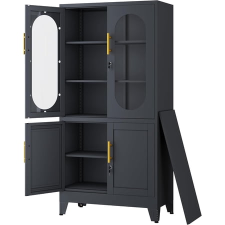 Metal Storage Cabinet with Lock Glass Doors and Shelves,Steel Garage File Cabinets, Kitchen Pantry Cabinet Tall Locker Organizer for Home, Office, Warehouse,Tool