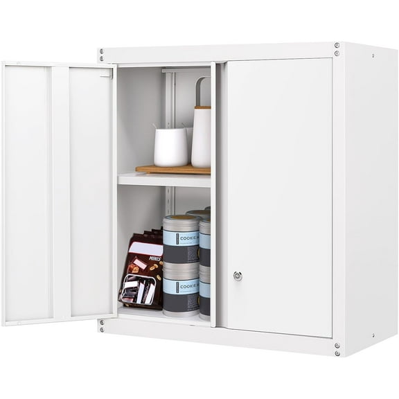 Metal Storage Cabinet with Lock, Kitchen Cabinets Wall Mounted, Steel Wall Cabinet with Doors and Shelves, Hanging Cabinet for Laundry, Pantry, Home Office, White