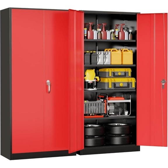 Metal Storage Cabinet with Lock, Tall Garage Storage Cabinet with Doors and Adjustable Shelves, Steel Locking Cabinets for Office, Home, Garage,, School