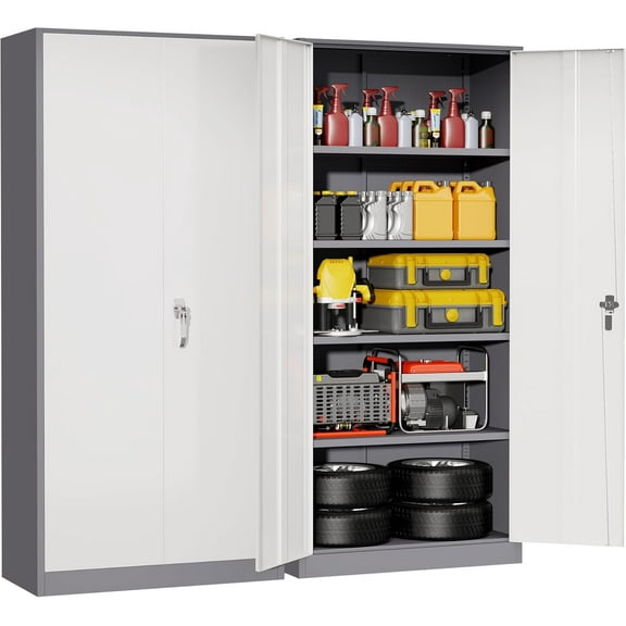 Metal Storage Cabinet with Lock, Tall Garage Storage Cabinet with Doors and Adjustable Shelves, Steel Locking Cabinets for Office, Home, Garage,, School