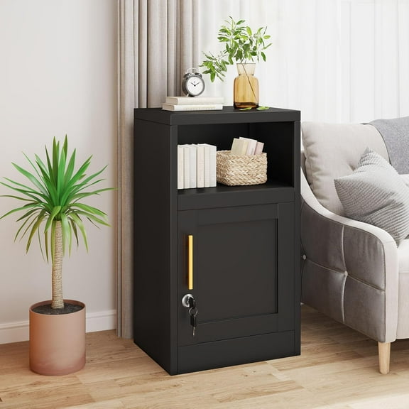 Metal Storage Cabinet with Lockable, 27.56" Black Side Storage Cabinet with Adjustable Shelf, Small Single Door Cabinets for Bedroom, Living Room, Home or Office (Black)