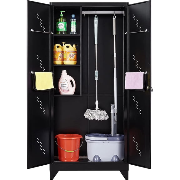 Metal Storage Cabinet with Lockable Doors, 75" Steel Storage Locker Cleaning Tool Cabinet with Hanging Rod & S-Hooks, Tall Garage Storage Cabinet, Black, 75" H x 33.85" W x 16.53" D