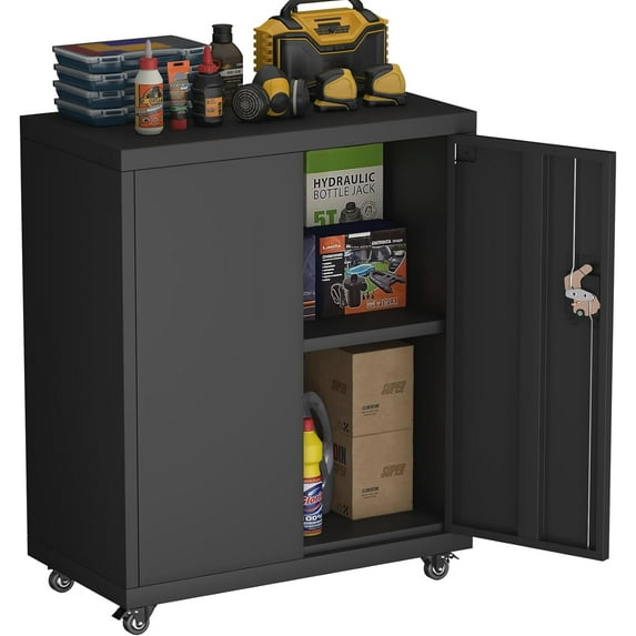 Metal Storage Cabinet,Lockable Garage Storage Cabinets with Wheels,Rolling Tool Cabinet with Doors and Shelves,Basement,Office,Black