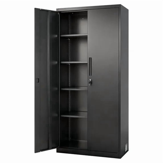 Metal Storage Cabinet, Lockable Steel Garage Cabinet with Adjustable Shelves, Magnetic Doors, Keys, Tool Storage for Pantry, Warehouse, Basement, Laundry, Office, Black