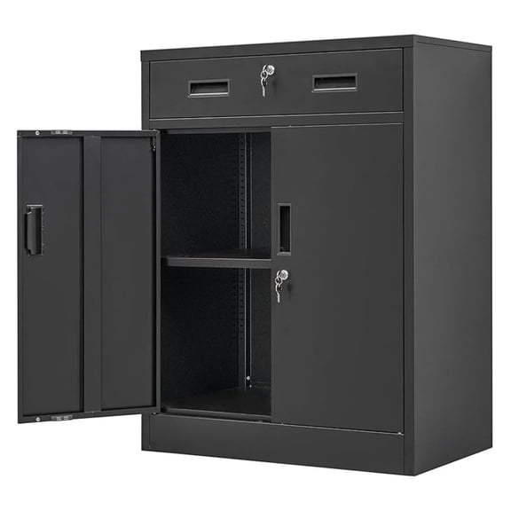 Metal Storage Cabinet, Locking Cabinet with One Drawer and Adjustable Shelf, 36" H x 28" W x 16" D Steel Storage Cabinet for Office, Garage, Home-Black