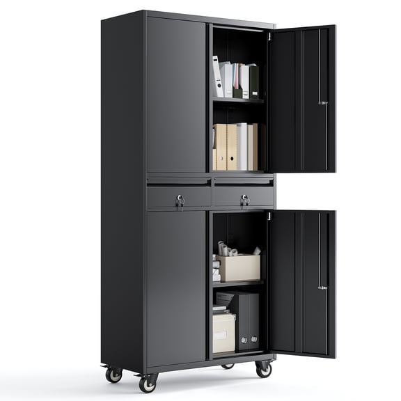 Metal Storage Cabinet, with Locking Doors, 2 Drawers & Adjustable Shelves, 4 Smooth Wheels, 71 in Rolling Tool Cabinet for Garage Home, Office, Warehouse