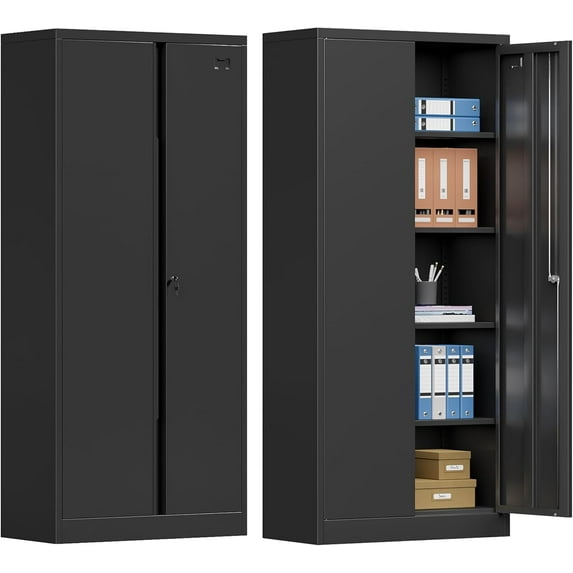 Metal Storage Cabinet with Locking Doors and 4 Adjustable Shelves,71" Tall Metal Garage Storage Cabinet,Metal Cabinet Storage for Office,Home,Garage,Gym,School (Black/ Required-Assembly)