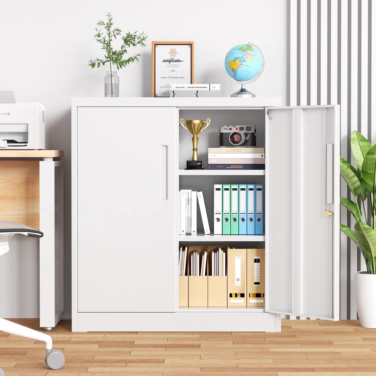 SOLAURA Metal Storage Cabinet with Locking Doors and Adjustable Shelves, Small Lockable Storage Cabinet Steel Office Cabinet for Home Office, Garage, Kitchen (White)
