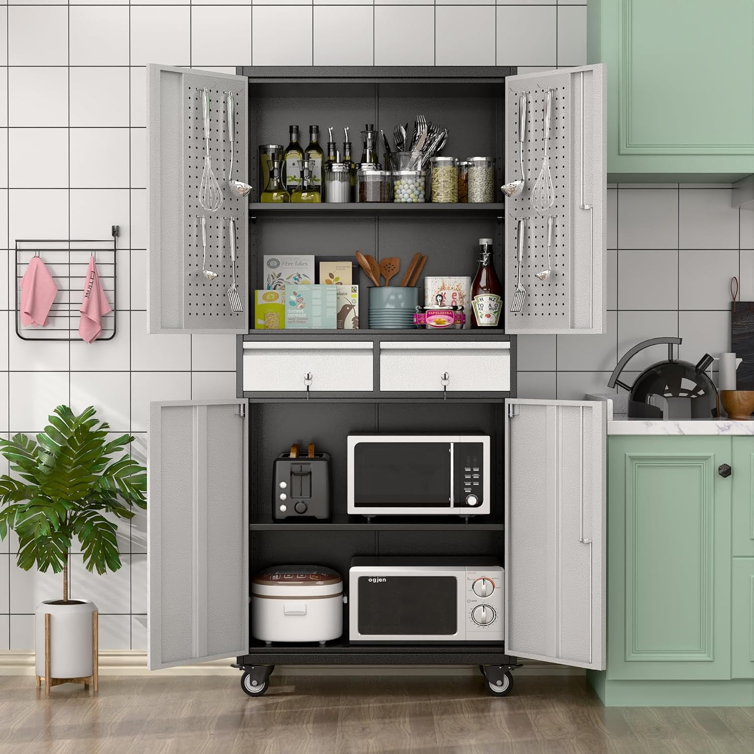 Metal Storage Cabinet with Locking Doors and Pegboards, Rolling Tool