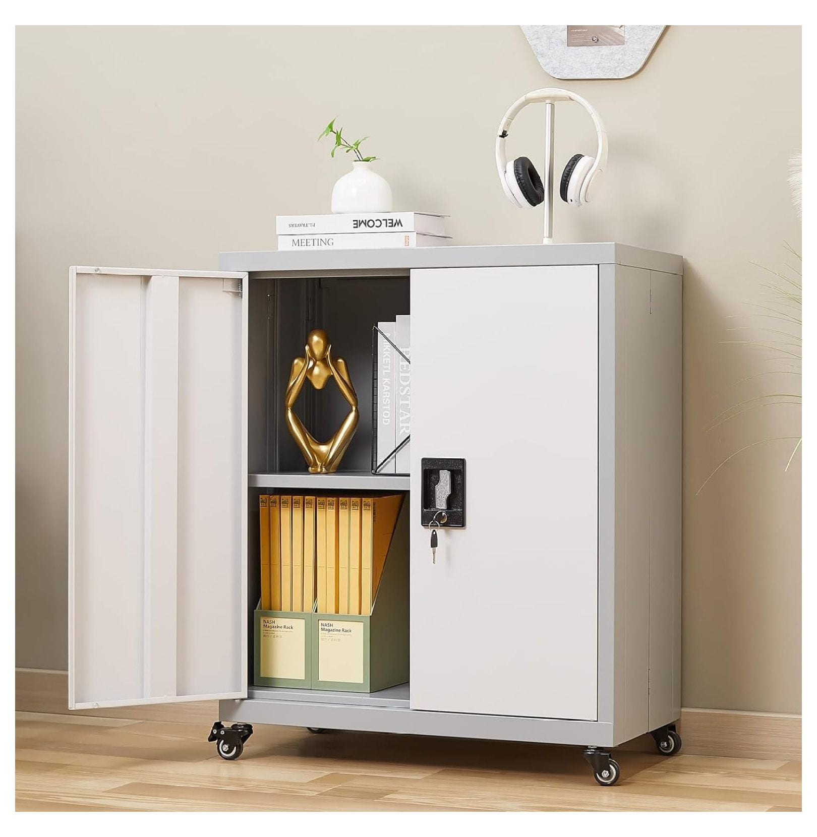 Metal Storage Cabinet with Locking Doors and Wheels,31.5